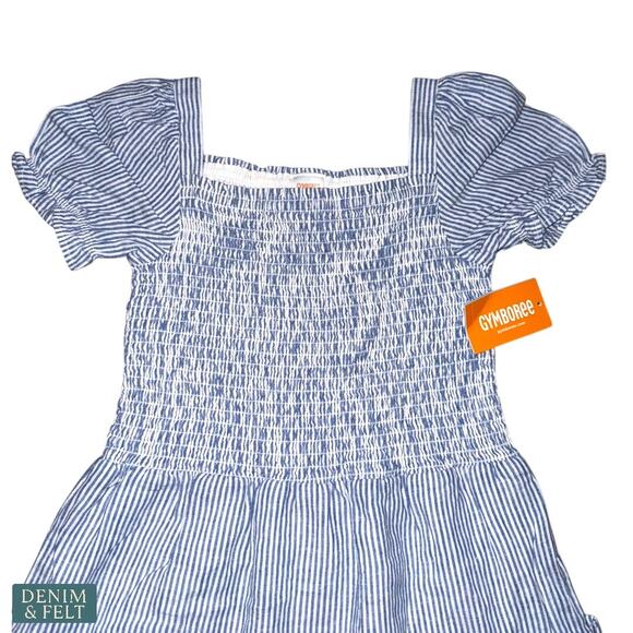 Gymboree Striped Linen-Blend Tiered Blue Puff Sleeve Smocked Dress NEW~NWT!! - Picture 6 of 12